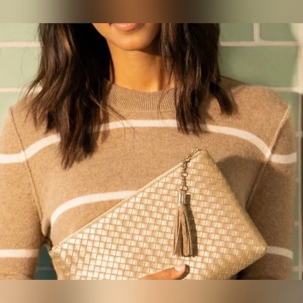 Virginia Wolf Metallic Woven Vegan Leather Clutch Wallet Gold NWT